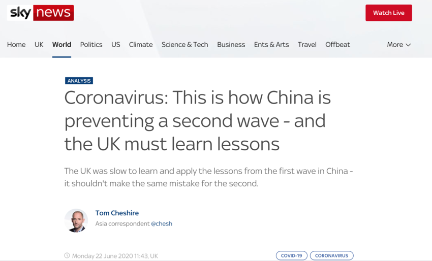 英国天空新闻网站发表文章：中国是这样防止第二拨疫情的——英国必须学习经验